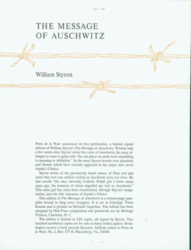 Item #63-4225 Prospectus for The Message Of Auschwitz by William Styron, Special Signed First...