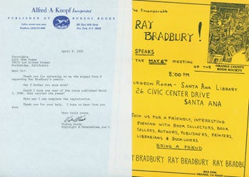 Item #63-4238 TLS Vickie Woods of Knopf to Lord John Press, April 9, 1981. RE: copyrights for Ray Bradbury. Flyer advertising Ray Bradbury reading at the Orange County Book Society. Alfred A. Knopf, Vickie Woods, Orange County Book Society, NY, Knopf.