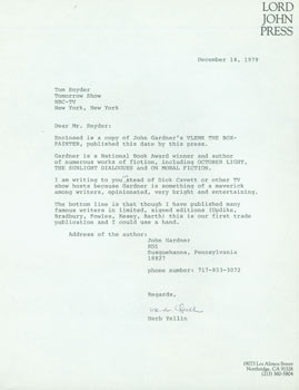 Item #63-4245 TLS Herb Yellin to Tom Snyder, December 14, 1979. RE: John Gardner. Herb Yellin,...