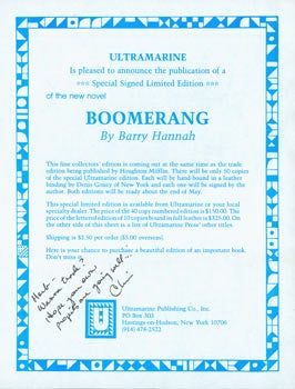 Christopher Stephens (Ultramarine Publishing Company) - Signed Ms Note by Christopher Stephens (Publisher of Ultramarine Publishing Co. ) to Herb Yellin, on a Publicity Flyer for Barry Hannah's Boomerang