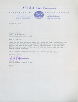 Item #63-4247 TLS from Ashbel Green (Knopf) to Herb Yellin, Lord John Press. RE: first editions....
