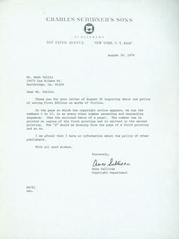 Item #63-4248 TLS from Anne Sullivan (Charles Scribner's Sons) to Herb Yellin, Lord John Press....