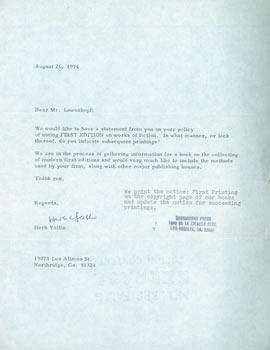 Item #63-4249 Typed reply from Shelly Lowenkopf (Sherbourne Press) to Herb Yellin, on TLS Yellin...