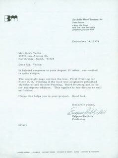 Item #63-4250 TLS from Eugene Rachlis (Bobbs-Merrill) to Herb Yellin, Lord John Press. RE: first...