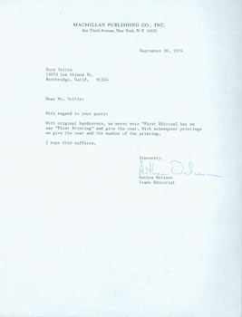 Item #63-4255 TLS from Anthie Waleson (Macmillan Publishing) to Herb Yellin. September 30, 1974....