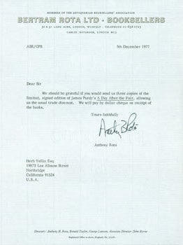 Item #63-4262 TLS Anthony Rota (Bertram Rota, Ltd. Booksellers, London) to Herb Yellin, December...