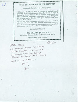 Item #63-4274 MS Note on Flyer, Bev Chaney to Herb Yellin, April 26, 1985. RE: Book Collecting....