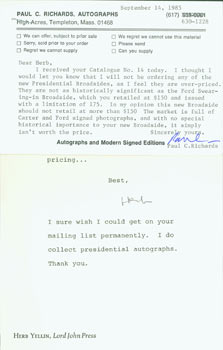 Item #63-4280 Correspondence between Paul C. Richards and Herb Yellin, RE: value of presidential...