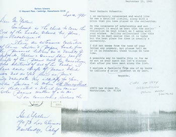 Item #63-4281 Correspondence between Barbara Schwartz and Herb Yellin, RE: Anne Sexton Collection owned by Barbara Schwartz. Barbara Schwartz, Herb Yellin.