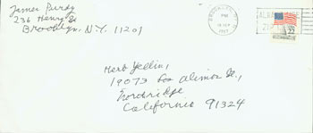 Item #63-4282 Envelope sent to Herb Yellin signed by James Purdy. James Purdy, Herb Yellin.