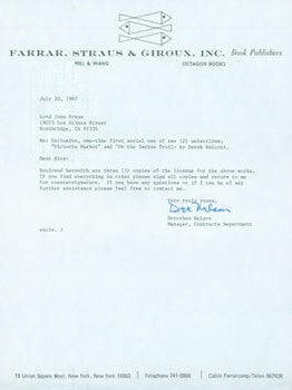 Item #63-4283 TLS from Dorothea Nelson (Farrar, Straus & Giroux) to Herb Yellin, Lord John Press....