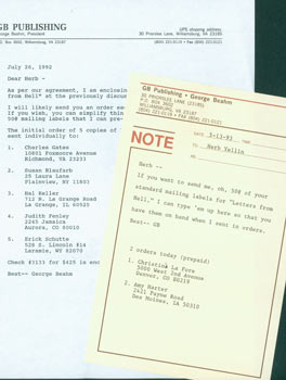 George Beahm (GB Publishing, Williamsburg, VA) - Typed Letter & Memo George Beahm (Author of the Stephen King Companion) to Herb Yellin, July 26, 1992 & May 13, 1993