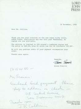 Item #63-4300 TLS Bruce Francis (Lord John Press) to J. R. Collins, November 14, 1980, with...
