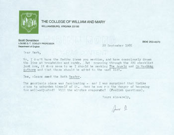 Scott Donaldson (College of William and Mary) - Tls Scott Donaldson (College of William and Mary) to Herb Yellin, Lord John Press. September 20, 1985. Re: Roth, Updike, Et Al.