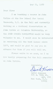 Item #63-4334 TLS David Konoson to Herb Yellin, May 21, 1988, RE: Updike. David Konoson