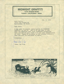 Item #63-4335 TLS James Van Hise (Midnight Graffiti) to Herb Yellin, February 6, 1989. James Van...