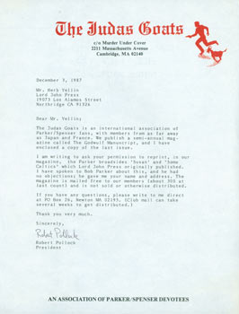 Item #63-4336 TLS Robert Pollock (The Judas Goats) to Herb Yellin, December 3, 1987. Robert Pollock, The Judas Goats.