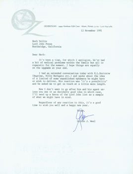 Item #63-4346 Typed letter signed, Gordon J. Weel to Herb Yellin, November 12, 1991. Gordon J....