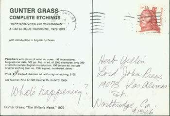 Item #63-4355 Gunter Grass, Complete Etchings. A Catalogue Raisonne. Promotional Postcard. Gunter Grass, Lee Naiman Fine Art, NY.