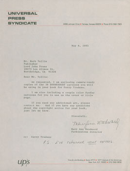 Item #63-4364 Typed letter, signed, Mary Ann Woodward (Universal Press Syndicate) to Herb Yellin, May 9, 1985. Mary Ann Woodward, Universal Press Syndicate.