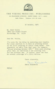 Item #63-4371 Typed letter, signed, Edwin Kennebeck (Viking Press) to Herb Yellin. October 16, 1974. RE: first editions. Edwin Kennebeck, Viking Press.