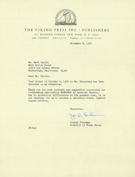 Item #63-4372 Typed letter, signed, Joseph Friedman (Viking Press) to Herb Yellin. November 8,...