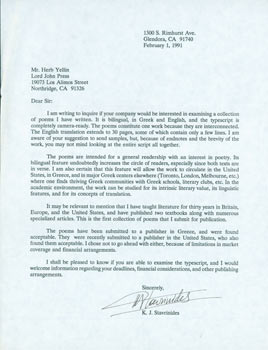 Item #63-4374 Printed letter, signed, K. J. Stavrinides to Herb Yellin. February 1, 1991. RE: Book Pitch. K. J. Stavrinides.