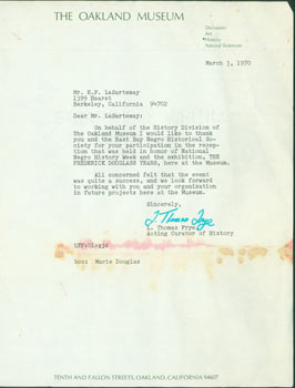 Item #63-4612 TLS L. Thomas Frye (Oakland Museum) to E.P. Lasartemay, March 3, 1970. Re: The...