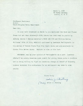 Item #63-4761 TLS Arlie J. Panting to Thomas Parkinson, March 4, 1958. RE: Response to Parkinson speaking of the Beats on the BBC. Arlie J. Panting.