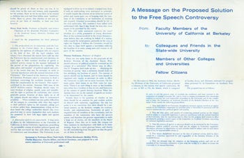 Item #63-4767 A Message On The Proposed Solution to the Free Speech Controversy. Parkinson's personal copy. Professor of Physics, Nobel Laureate, Faculty Members of the University of California at Berkeley, Philip Selznick, Carl E. Schorske, Joseph Tussman, Josephine Miles, George J. Maslach, S. A. Schaaf, Owen Chamberlain, Henry Nash Smith, Thomas Francis Parkinson, 1920 - 1992.