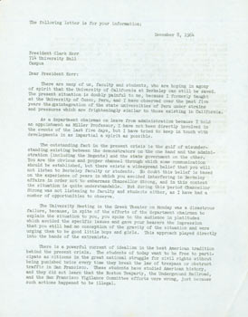 Item #63-4770 TL John H. Rowe to UC Berkeley President Clark Kerr, December 8, 1964, a copy...