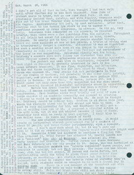 Item #63-4787 TLS Tom Collins to Thomas Parkinson, March 26, 1966. RE: Vietnam protests, LSD. Tom...