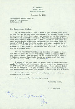 Item #63-4789 TL J. B. Neilands To Congressman Cohelan, with MS note in margin to Thomas Parkinson, December 21, 1966. RE: Vietnam, Democratic Party politics. Joe B. Neilands, 1921 - 2008, UC Berkeley Biochemistry Professor.