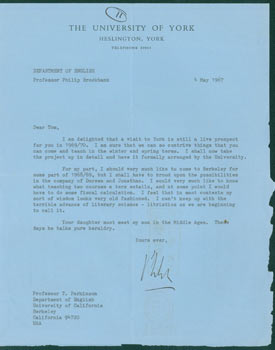Item #63-4792 TLS Philip Brockbank to Thomas Parkinson, May 4, 1967. RE: arranging guest lecturer...
