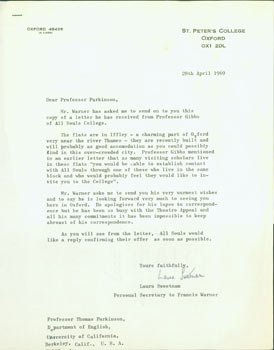Item #63-4799 TLS Francis le P. Warner to Thomas Parkinson, April 28, 1969. Plus photocopy of TLS...