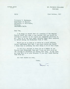 Item #63-4800 TLS Francis le P. Warner to Thomas Parkinson, October 23, 1967. RE: academia....