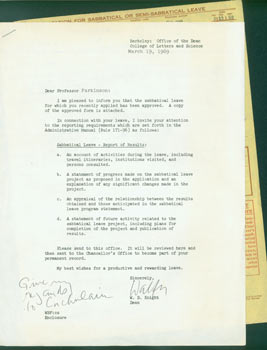 Item #63-4804 TLS Knight to Thomas Parkinson March 19, 1969, & related form. RE: Sabbatical leave...