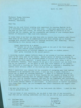 Item #63-4805 TLS Knight to Thomas Parkinson April 17, 1969. RE: academic. UC Berkeley College of...