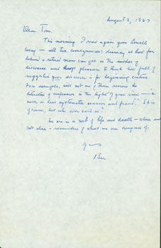 Item #63-4812 ALS B. H. Lehman to Thomas Parkinson, August 2, 1967. RE: death. Benjamin Harrison...