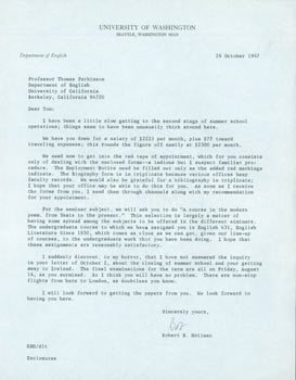 Item #63-4813 TLS Robert B. Heilman to Thomas Parkinson, October 26, 1967. RE: Yeats course,...