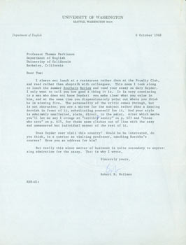 Item #63-4814 TLS Robert B. Heilman to Thomas Parkinson, October 8, 1968. RE: Gary Snyder. Robert...