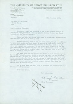 Item #63-4815 TLS Kelsey Thornton to Thomas Parkinson, October 17, 1969. RE: Ezra Pound, guest...
