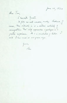 Item #63-4816 ALS B. H. Lehman to Thomas Parkinson, June 4, 1964. RE: Yeats. Benjamin Harrison...