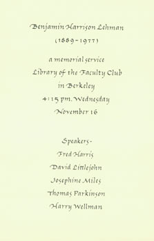 Item #63-4818 Benjamin Harrison Lehman (1889 - 1977): A Memorial Service, Library of the Faculty...