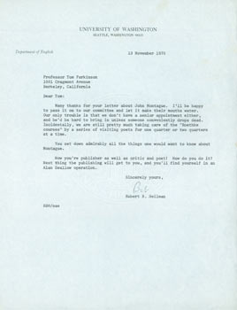 Item #63-4819 TLS Robert B. Heilman to Thomas Parkinson, November 13, 1970. RE: John Montague....