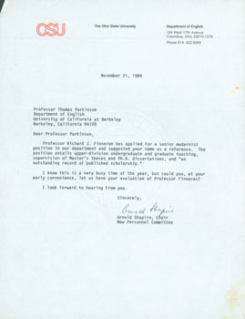 Item #63-4825 TLS Arnold Shapiro to Thomas Parkinson, November 21, 1984. RE: evaluation of Professor Richard J. Finneran. Arnold Shapiro, Ohio State University Professor.