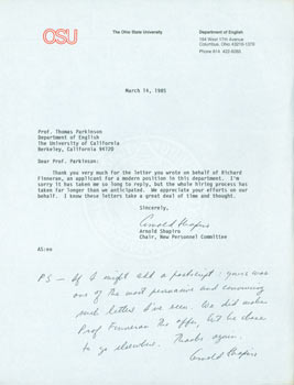 Item #63-4826 TLS Arnold Shapiro to Thomas Parkinson, March 14, 1985. RE: evaluation of Professor Richard J. Finneran. Arnold Shapiro, Ohio State University Professor.