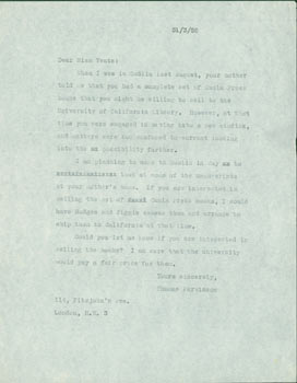 Item #63-4833 Carbon Copy of TLS Thomas Parkinson to Miss Anne Yeats, March 31, 1958. RE: Parkinson inquiring about the possibility of UC Berkeley purchasing Cuala Press books. Thomas Francis Parkinson, 1920 - 1992.