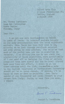 Item #63-4844 TLS Donald T. Torchiana to Thomas Parkinson, August 4, 1958. RE: Yeats. Donald T. Torchiana, Dublin United Arts Club, IR.
