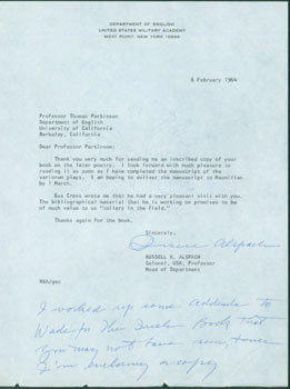 Item #63-4848 TLS Russell K. Alspach to Thomas Parkinson, February 6, 1964. RE: Yeats. Russell K....